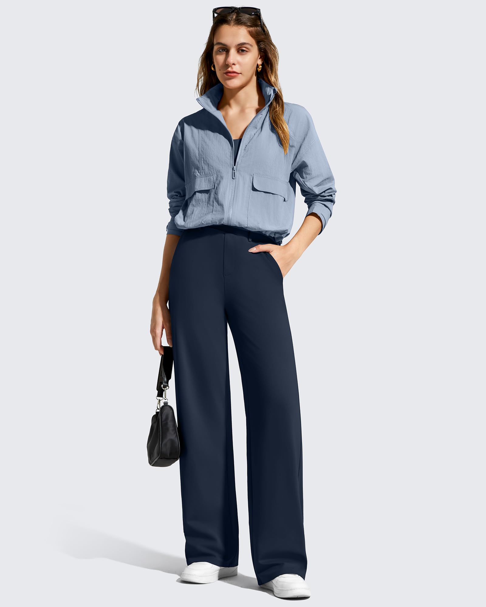 G4Free EverGoing - Pantalones de vestir de pierna ancha para mujer, elásticos, de cintura alta, pantalones casuales con bolsillos