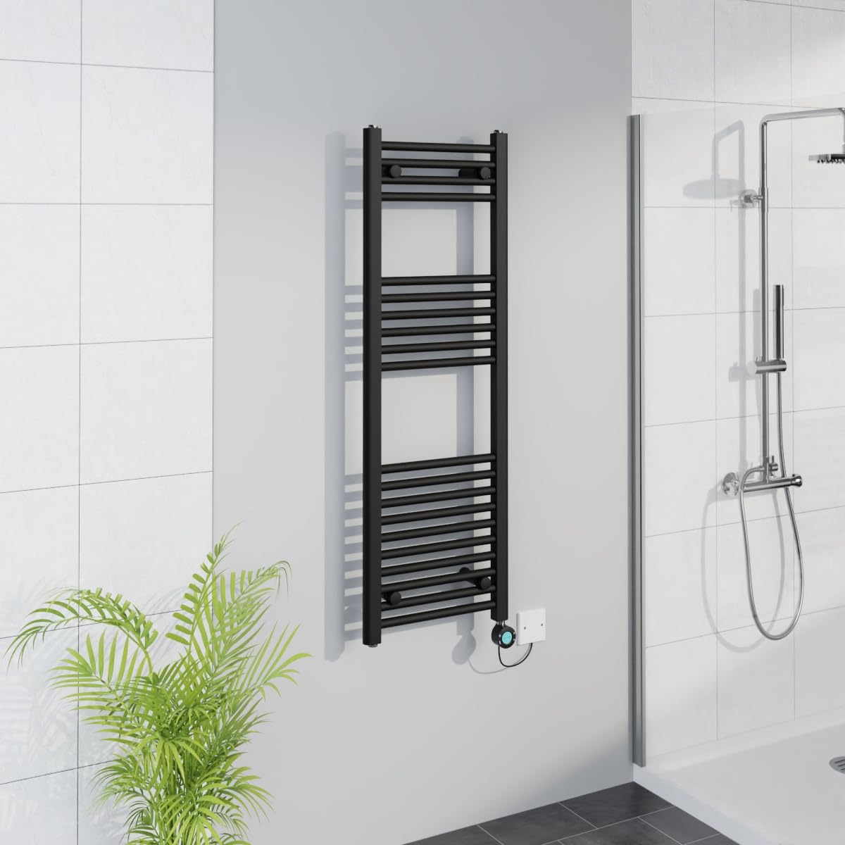 Warmehaus Black Smart Wifi Thermostatic Electric Bathroom Straight Heated Towel Rail Warmer Radiator With Timer 1200X400mm