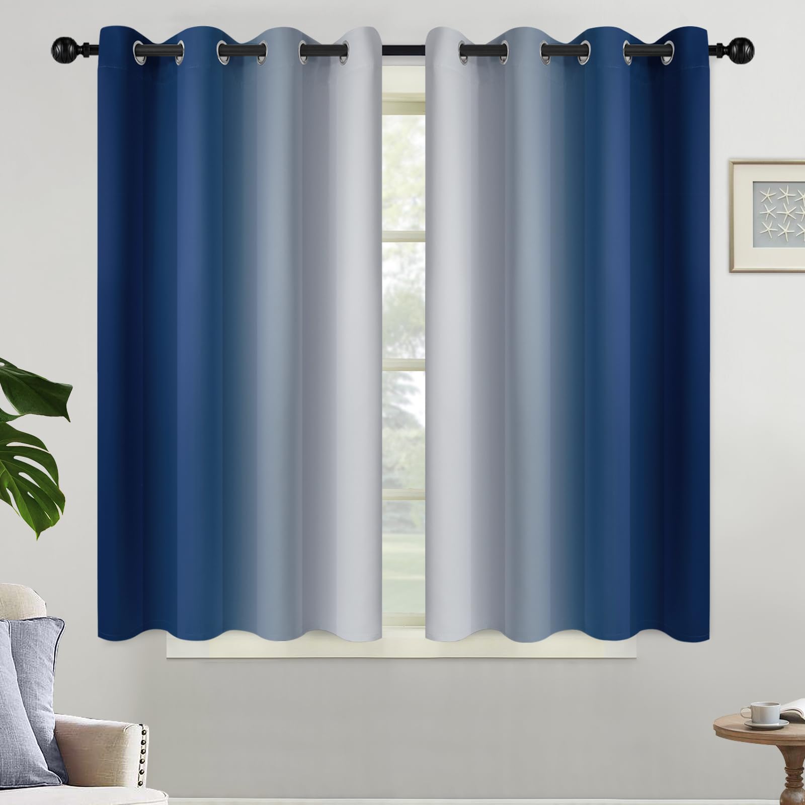 Yakamok Room Darkening Ombre Curtains,Thermal Insulated Grommet Window Drapes, Light Blocking Gradient Color Curtains for Bedroom(Blue and Greyish