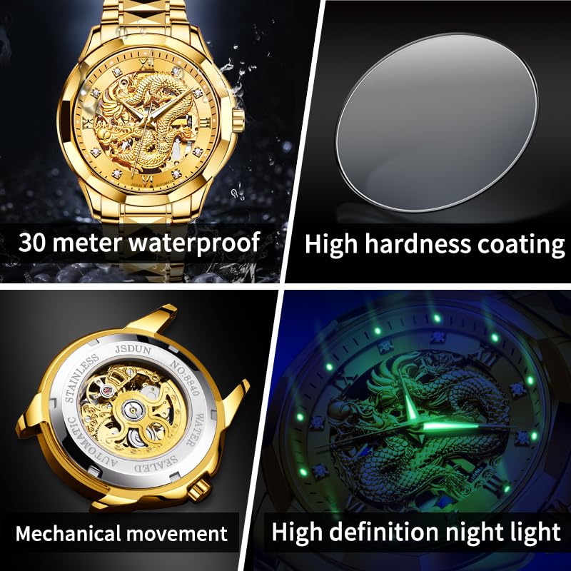 OLEVS Gold Watches for Men Luxury Automatic Dragon Skeleton Watches Mechanical Business Dress with Tungsten Steel Luminous 5atm Waterproof Diamond Fashion Wrist Watch