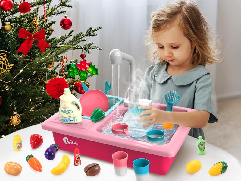 cute stone Küchenspüle Spielzeug Set mit warmbarem Wasser-Recycling Wasserhahn und Waschbecken, Wärme Farbwechsel Geschirr Set, mit Obst-Schneiden für Kinder ab 3 Jahre (Blau)