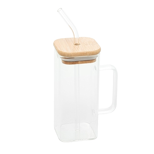 WOLFF - Caneca de Vidro Borossilicato com Canudo e Tampa de Bambu 400ml