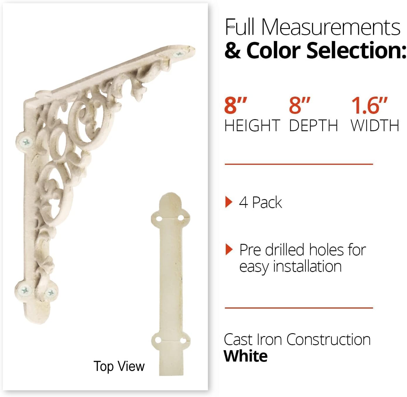 NACH Decorative Metal Shelf Brackets Set of 4, Antique White Cast Iron Shelf Brackets for Wood Shelves, Vintage Victorian Style Wall Support, 8 x 1.7 x 8 Inch