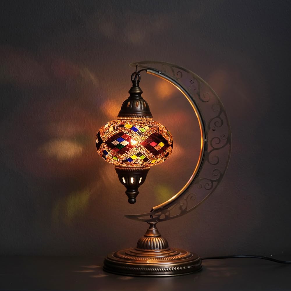 Asylove Turkish Moon Lamp, Mosaic Moroccan Table Lighting, Standing Turkish Lamp, Decor Home Floor Lighting Accessory, Total Dim. 7.5 x 11 x 18 inches (Brown)