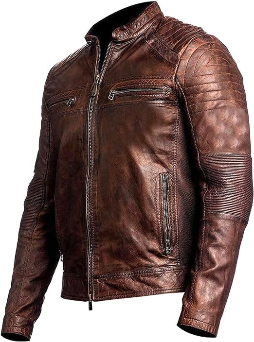 Men's Leather Jacket Cafe Racer Biker Style Retro Stripes Jacket, Motorcycle Racing Leather Jacket Men2