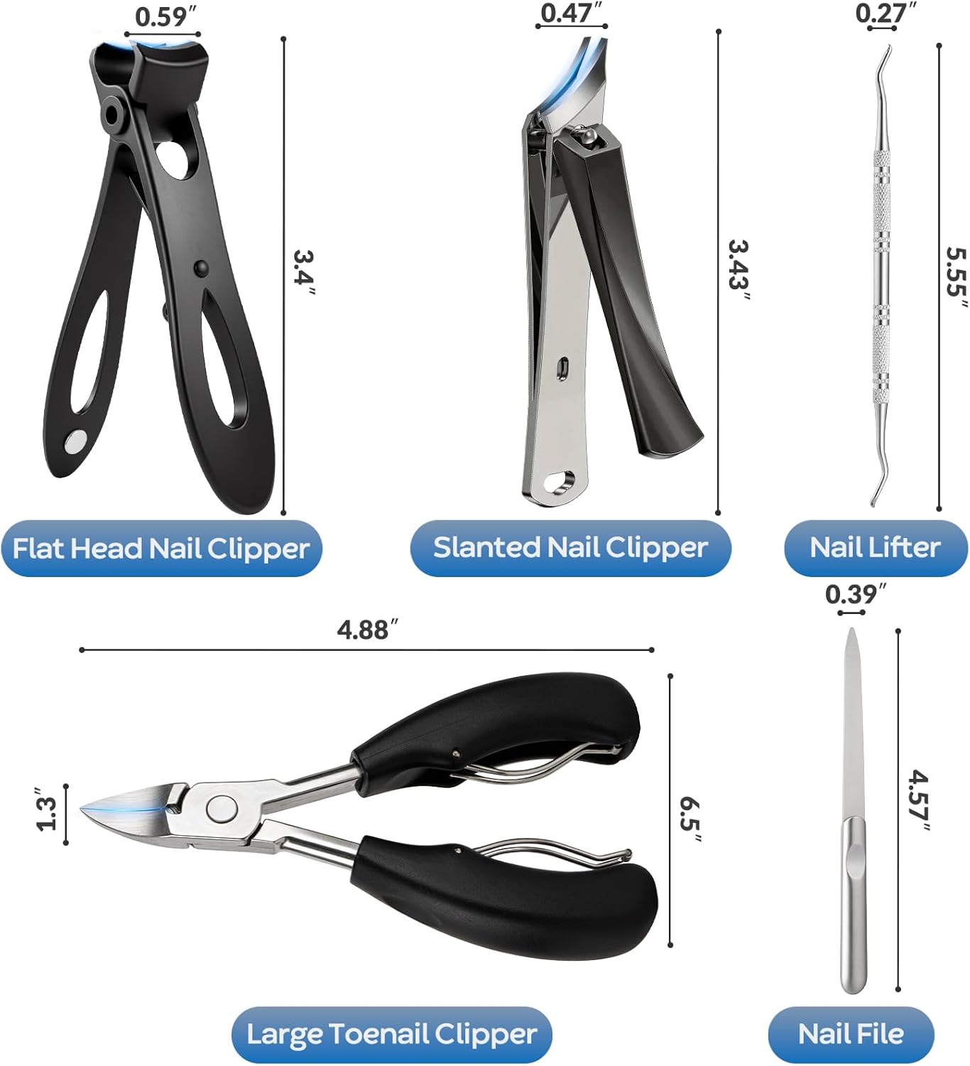 Toenail Clippers for Thick Nails for Seniors, 5Pcs Ingrown Toenail Removal Kit, Angled Head Large Toenails Clippers for Men, Heavy Duty Nail Clipper, Slanted Nail Clipper with Long Handle (Black)