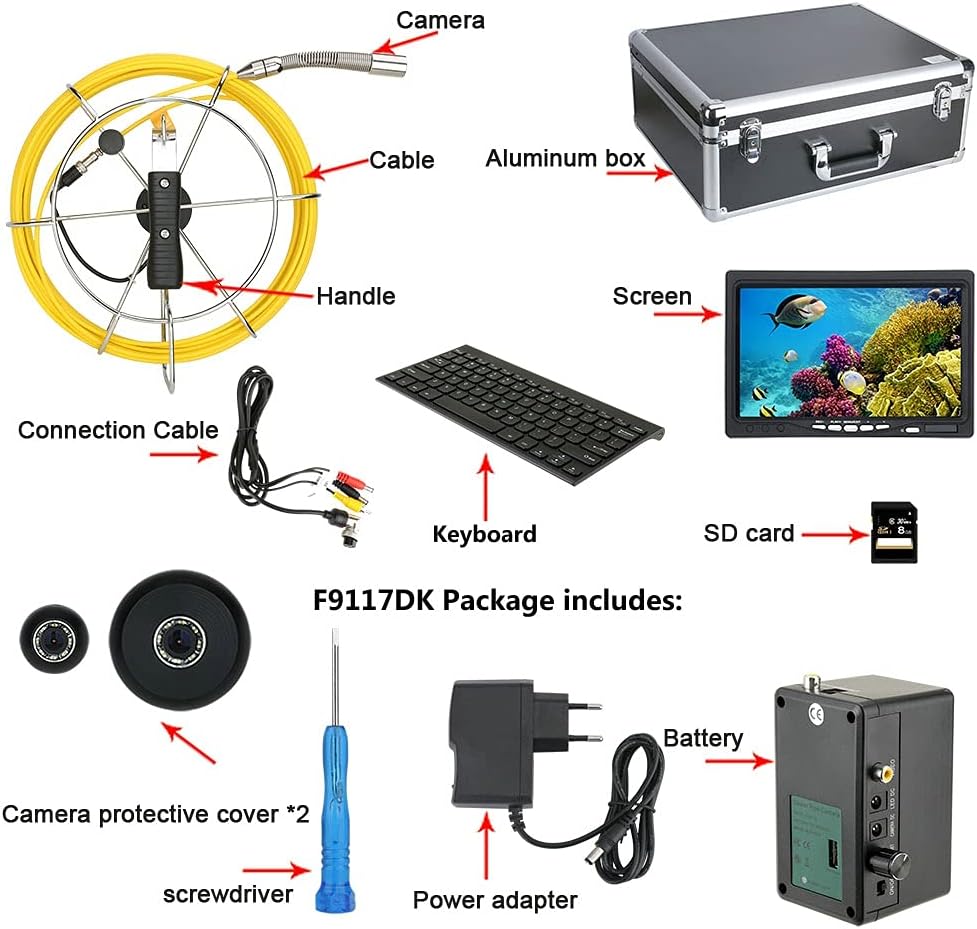 Pipe Inspection Video Camera with Keyboard, 17mm 8GB Card DVR IP68 Drain Sewer Pipeline Industrial Endoscope 7" Monitor 20M Sewer