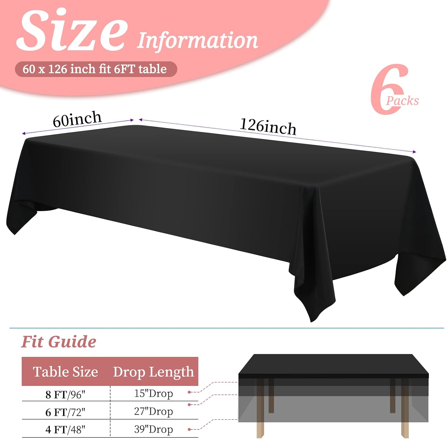 6 Pack Tablecloth 60 x 126 inch Polyester Table Cloth for 8 Foot Rectangle Tables,Stain and Wrinkle Resistant Washable Fabric Table Covers Polyester Black Table Clothes for Wedding,Party,Banquet