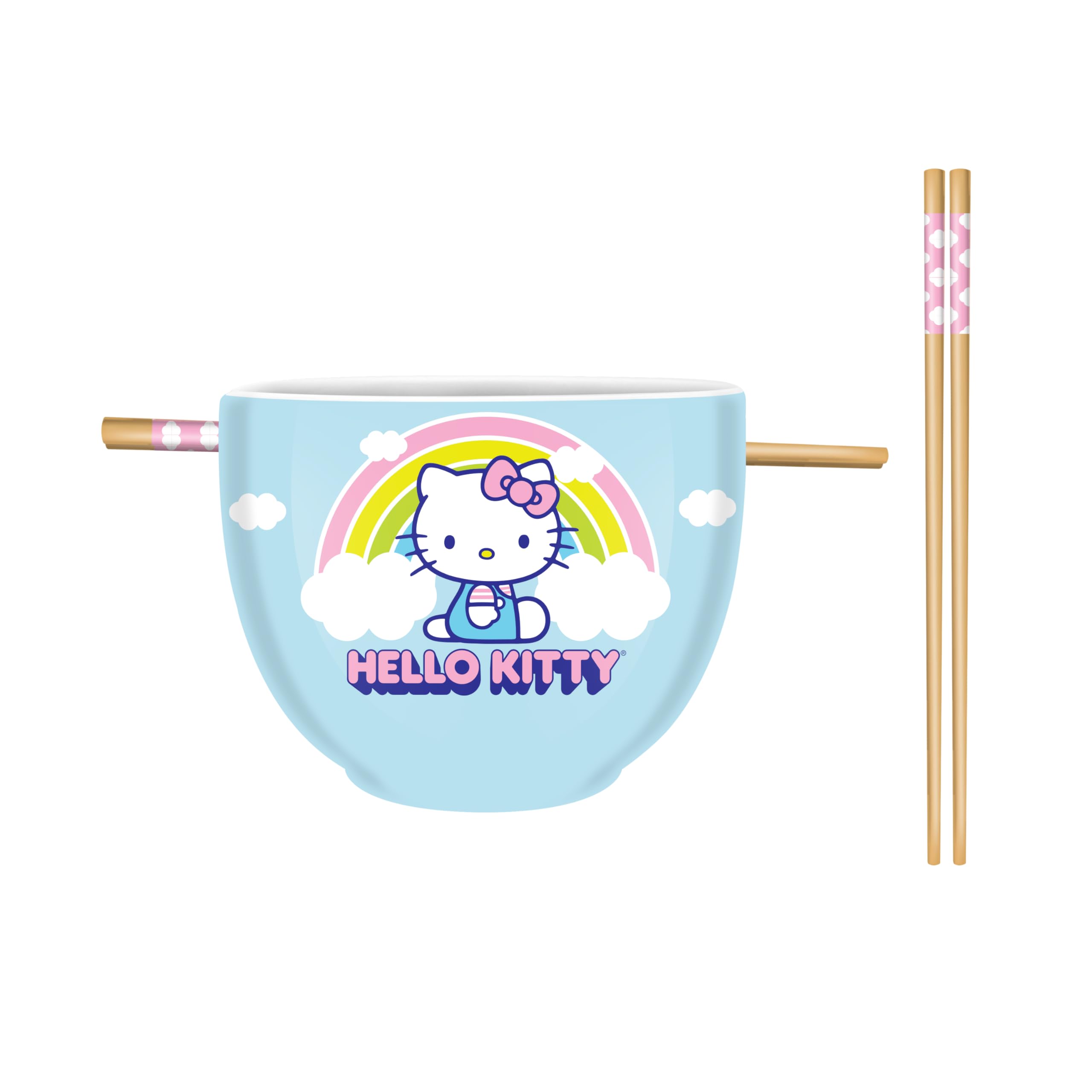 Silver Buffalo Hello Kitty Rainbow and Clouds Ceramic Ramen Noodle Rice Bowl with Chopsticks, Microwave Safe, 20 Ounces