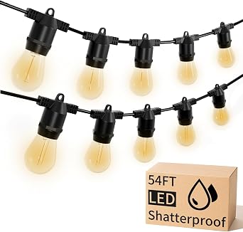 LED Outdoor String Lights, Shatterproof Waterproof 54Ft (Maximum 918Ft) Hanging Warm 2700K S14 Edison Bulbs Lighting for Patio Yard Porch Bistro Garden (54FT)
