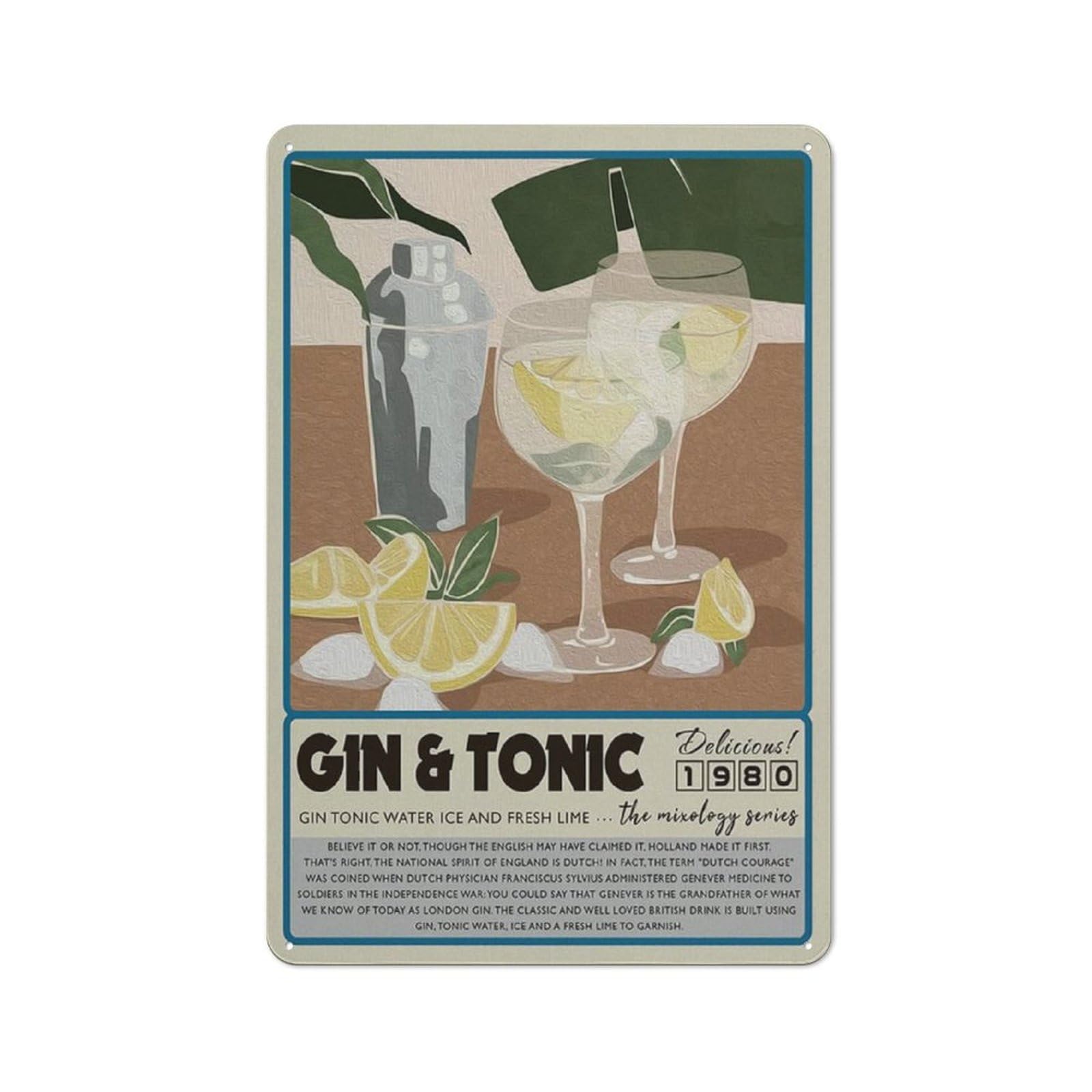 Acdoet Tin-19 Rustic Metal Tin Sign Funny Cocktail Print Decor Gin & Tonic Art Wall Painting Posters Modern Home Kitchen Bar Decoration 8X12 Inch