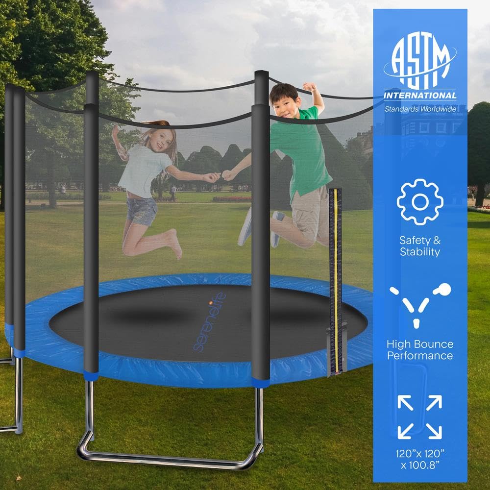 SereneLife Trampolino Elastico per Bambini 305 cm, Tappeto Elastico Rotondo, Nero, con Rete di Sicurezza, Struttura Robusta per Esterno e Interno