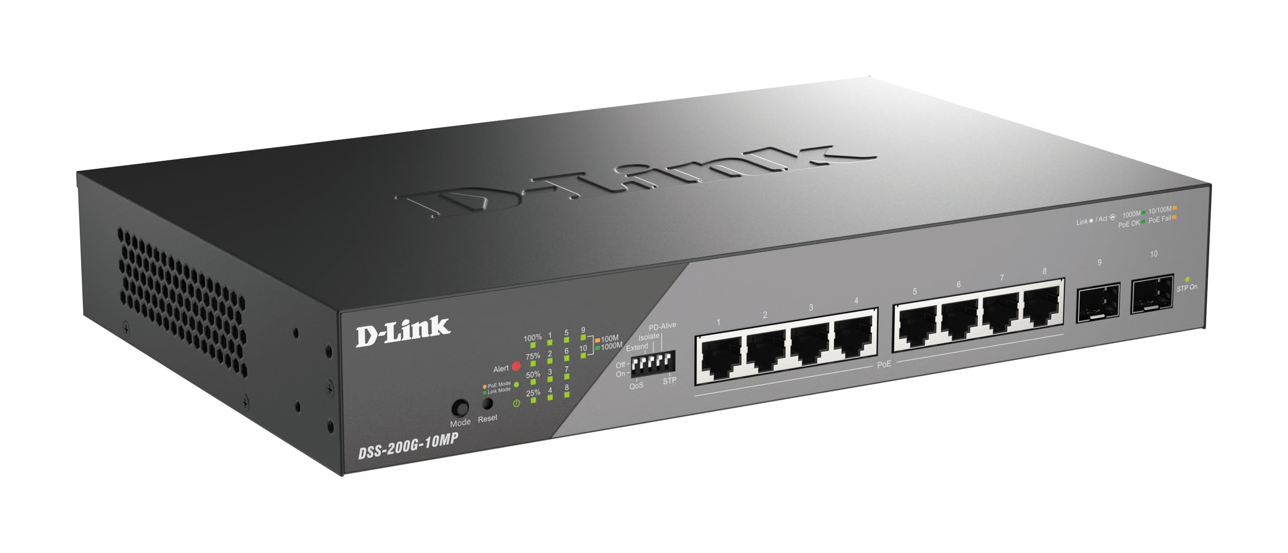 D-Link DSS-200G-10MP Smart Switch 10 Ports Gigabit PoE+ pour vidéosurveillance, 8 Ports PoE+ 1000BASE-T et 2 Ports SFP, 802.3af/at/BT, Budget PoE 130 W, Extension de 250 m, sans Ventilateur, ONVIF
