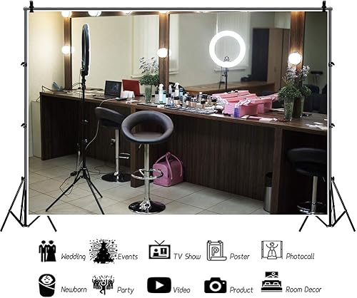 Miniatura 3 de OERJU Fondo interior para sala de maquillaje de 5 x 3 pies para fotografía, moderno salón profesional, espejo de maquillaje, cosméticos y