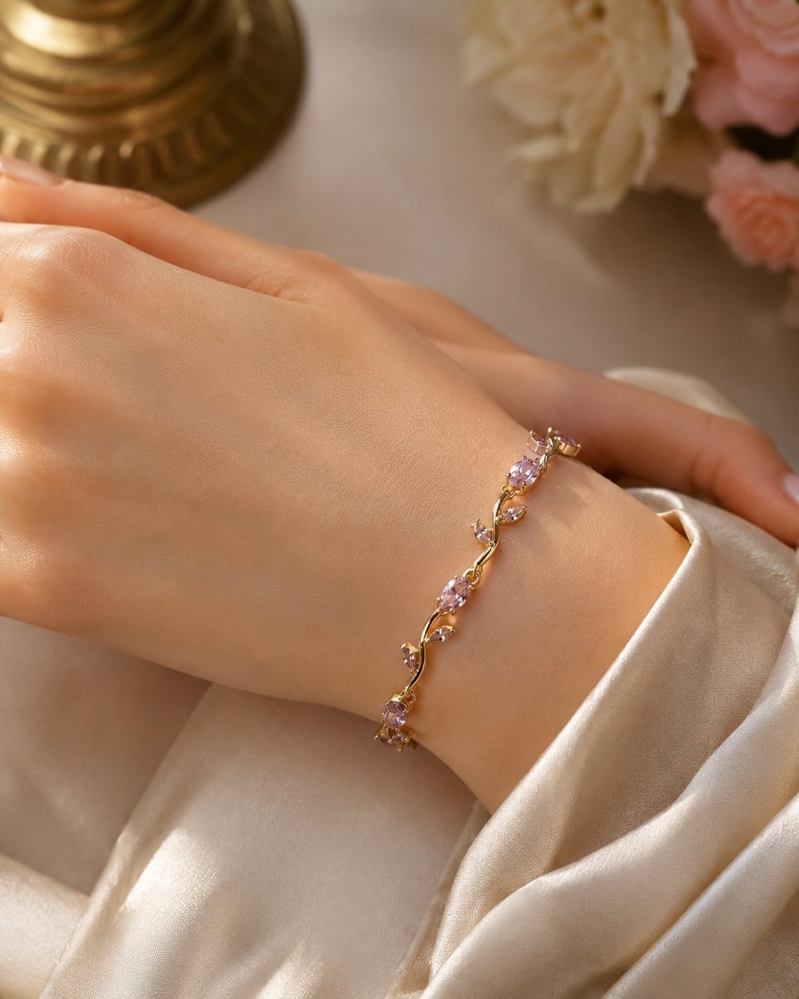 stylewell Trending Golden Color With Pink Color Floral Leaf Shape Stone Coquette Tulip Bracelet Perfect For Women Stylish & Elegant Lightweight Adjustable Premium Finish Tulip Bracelet Perfect For Girls & Women's Match For Every Outfts Rapunzel Inspired Romantic Gift Jewellery-picture-26