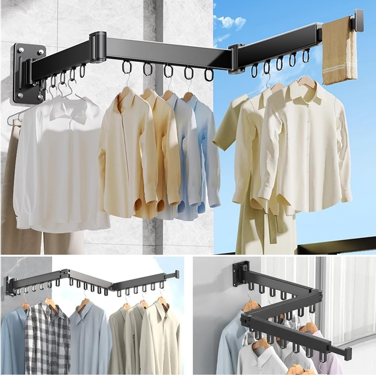 Wäscheständer Wandmontage 128cm - Platzsparend 3-Fach Faltbar, Ausziehbar Kleiderstange mit Verlängerungsstange, Wandwäschetrockner mit 15 Haken für Waschküche, Balkon, Wohnung, Schlafzimmer