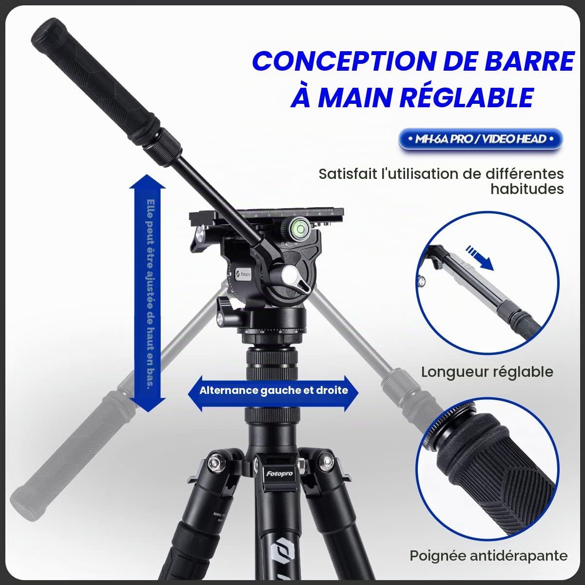 Fotopro MH-6A Pro Tête panoramique fluide pour trépied de caméra vidéo avec plaque QR, pour filmer le vlogging en direct et vidéo