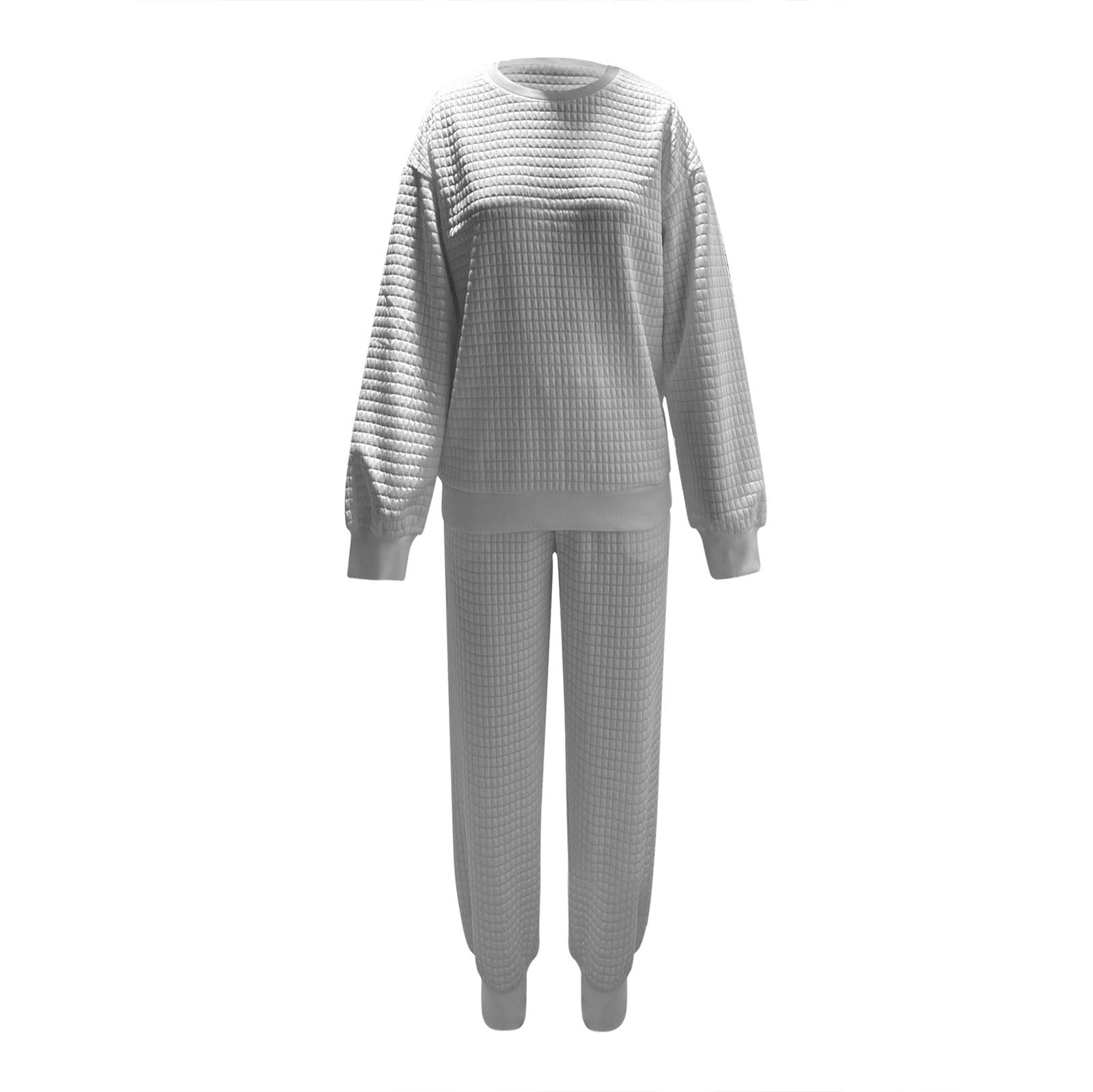 Ensemble de pyjama 2 pièces à carreaux pour femme | Haut à manches longues et col rond et pantalon de pyjama douillet uni élastique