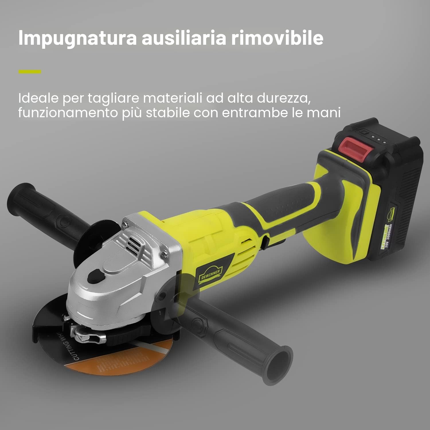 DEWINNER Smerigliatrice a Batteria, Flessibile a Batteria 115 mm, 2 Batterie 3 Ah, Impugnatura Ausiliaria, Caricatore Rapido, 2 Dischi di Molatura per Smerigliatura, Taglio e Lucidatura