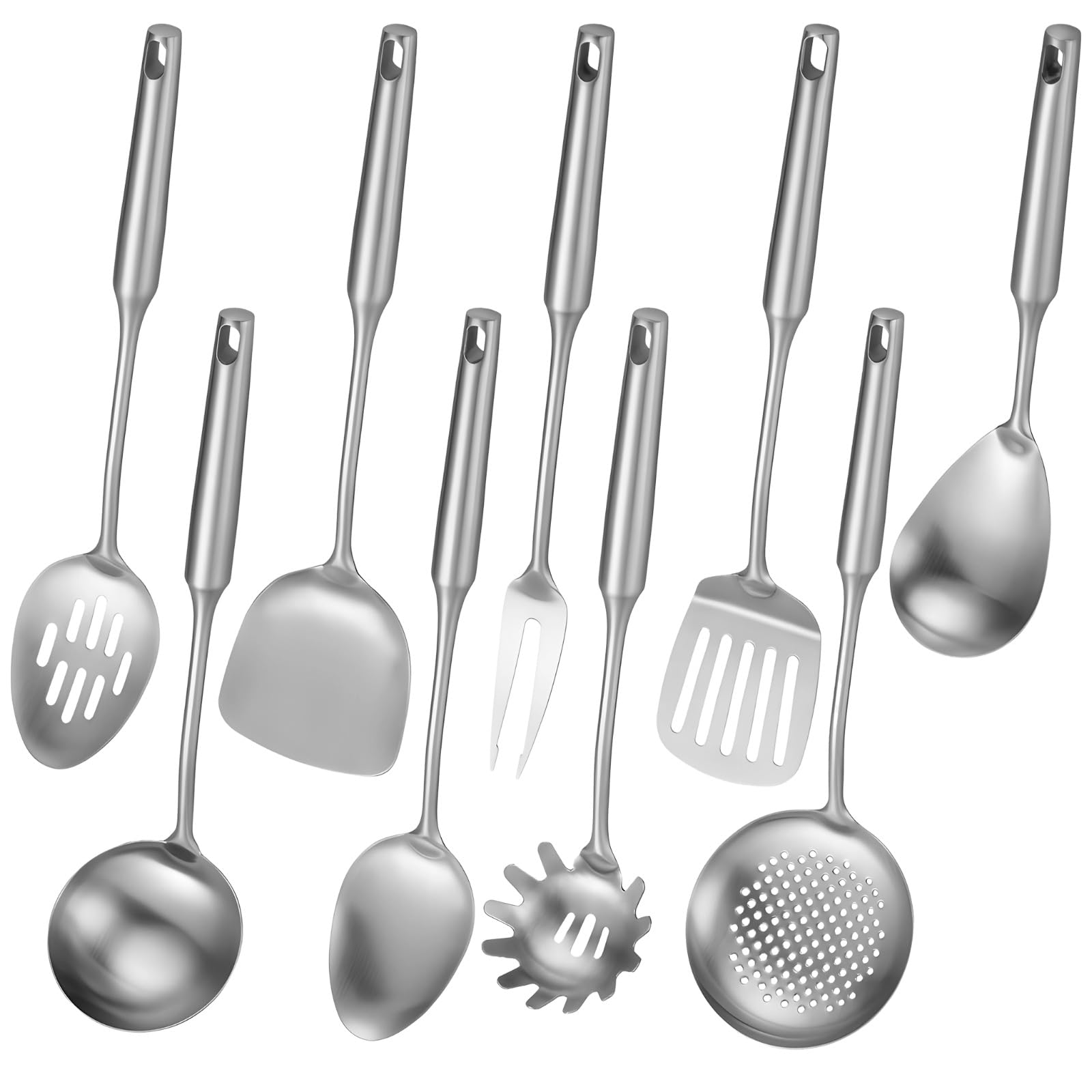 9-teiliges Kochgeschirr-Set aus Edelstahl, Küchenutensilien mit langem Griff und Aufhängeöse, Schöpflöffel, Suppenkelle, Pfannenwender, Schaumkelle, Nudellöffel, Fleischgabel, spülmaschinenfest