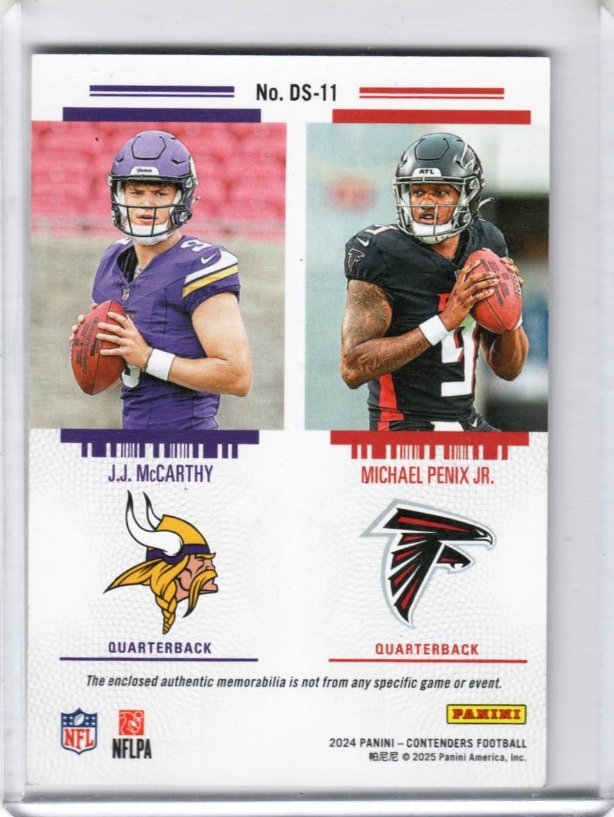 Michael Penix Jr. & JJ McCarthy Rookie Ticket Dual Swatches Game Used Jersery Memorabilia Relic Rookie Card Collectible Football Card - 2024 Prizm Football Card #DS-11 (Falcons & Vikings)