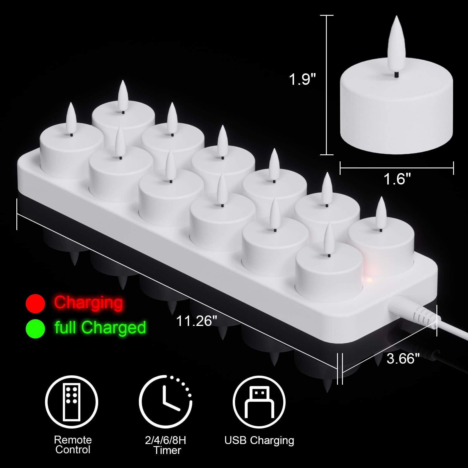 Velas votivas recargables sin llama con control remoto y temporizador, 12 velas LED parpadeantes de plástico blanco con base de carga, decoración de Halloween, Navidad y vacaciones (1.6 x 1.9