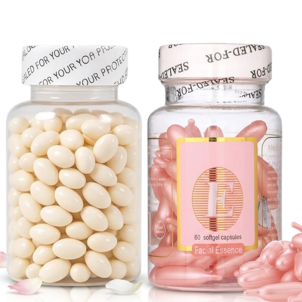 Vitamin E Facial Essence 60 Softgel Capsules and Skin Brightening Serum Capsules 40 Count with Vitamin C for Glowing Skin, Tan Removal & Deep Hydration Combo Pack (White And Pink, Pink)-image-32