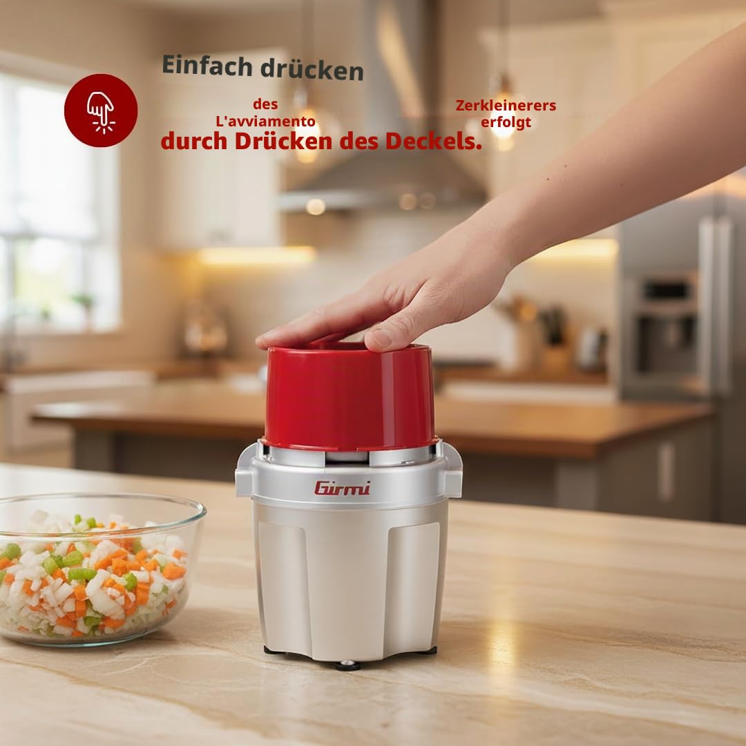 Girmi TR20 Zerkleinerer, 600 W, 250 ml Behälter, Klingen mit Titanbeschichtung, spülmaschinengeeignet, Sicherheitssystem, Grau/Rot