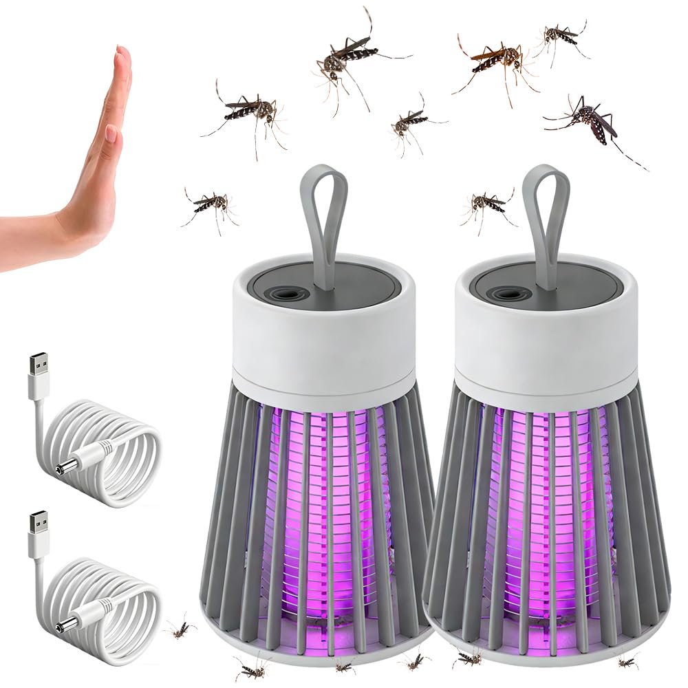 2 PCS Mozz Guard Mosquito Zapper, 2 IN 1 Outdoor Waterproof Mosquito Lamp,Flying Insect Control Lamp with USB Rechargeable 360° UV for Indoor Outdoor, Home, Garden, Camping, Travel, Grey