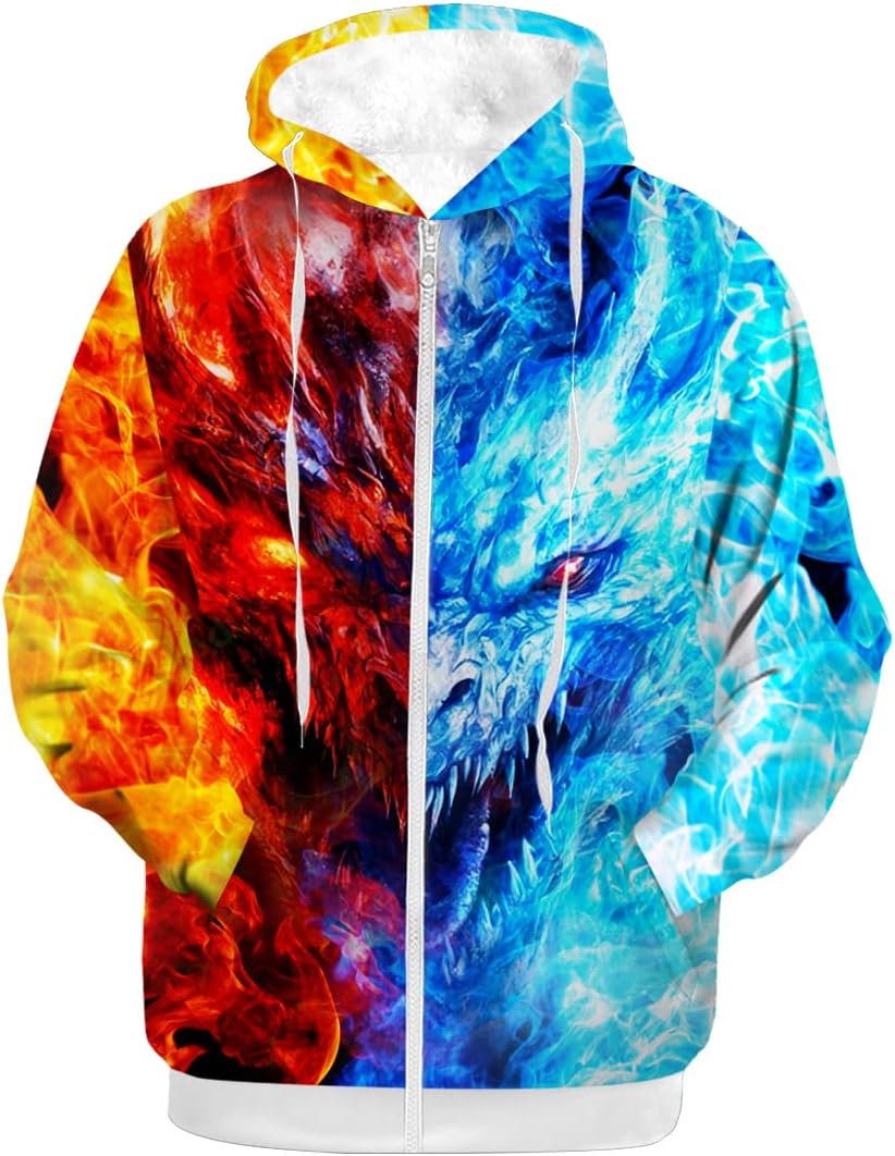 Fire Ice Winter Coat Men Women Fleece Lined Jackets 3D Graphic Full Zip Up Jacket Gifts for Him Her
