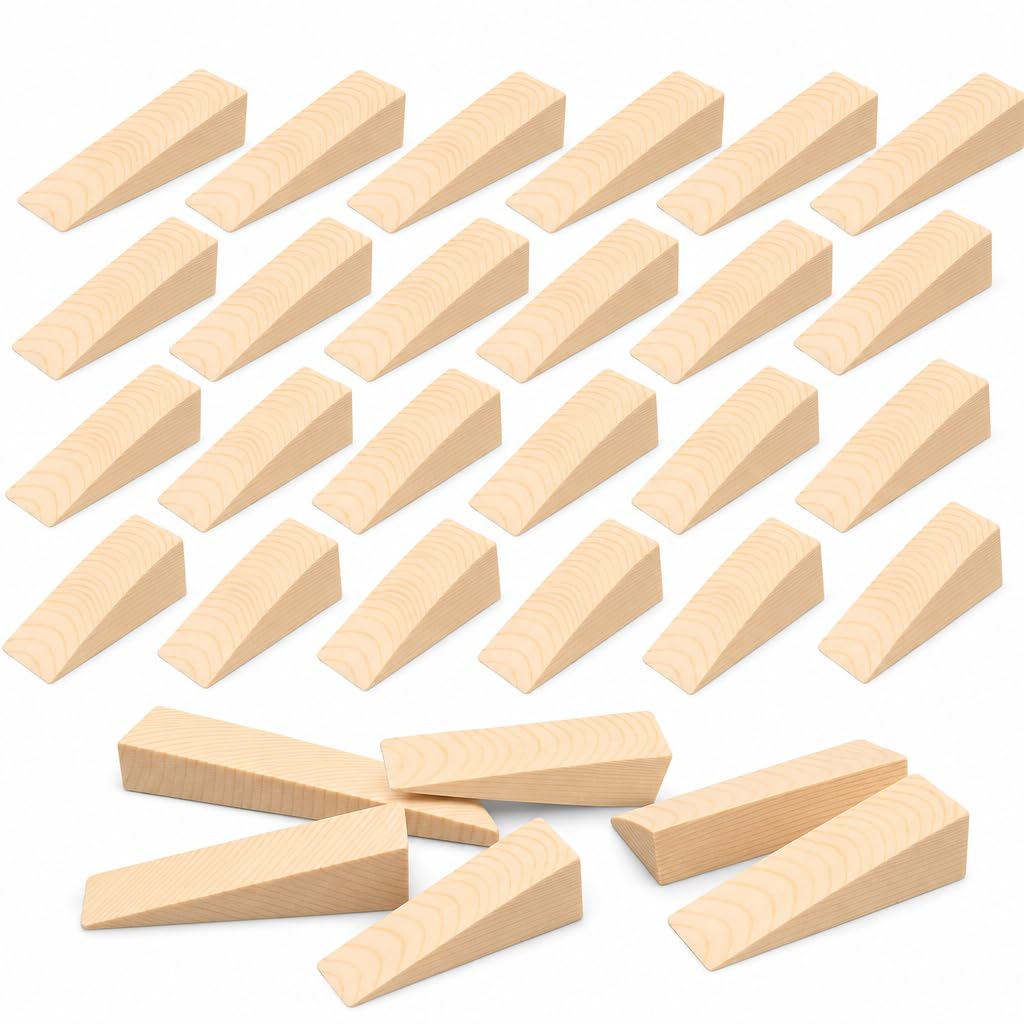 30 Pack Wooden Wedges, Natural Wood Triangular Shims for Furniture Levelling, Door and Window Installation, Fence Panel Support, DIY Joinery, Positioning, Spacing and Repair Tasks