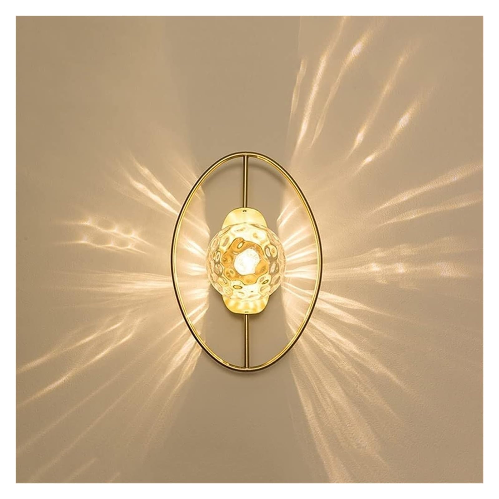 Metalowa rama owalna kinkiet, szklany klosz młotkowany, lampa z kuli z połowy wieku, mosiężne lustro, kinkiety ścienne