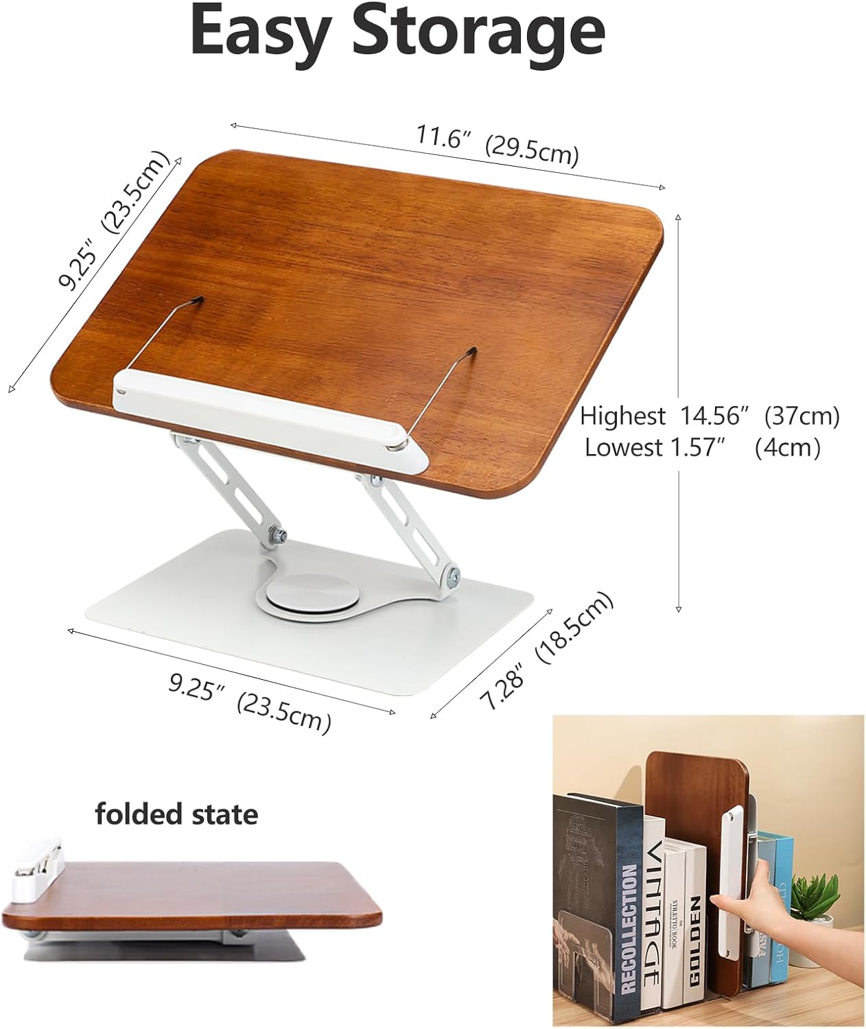 360° Rotating Book Stand for Reading, Adjustable Foldable Book Holder for Reading, Cooking, Office, Compatible with Cookbooks, Textbooks, Tablets, Sheet Music, and Laptops (White Wood Grain)