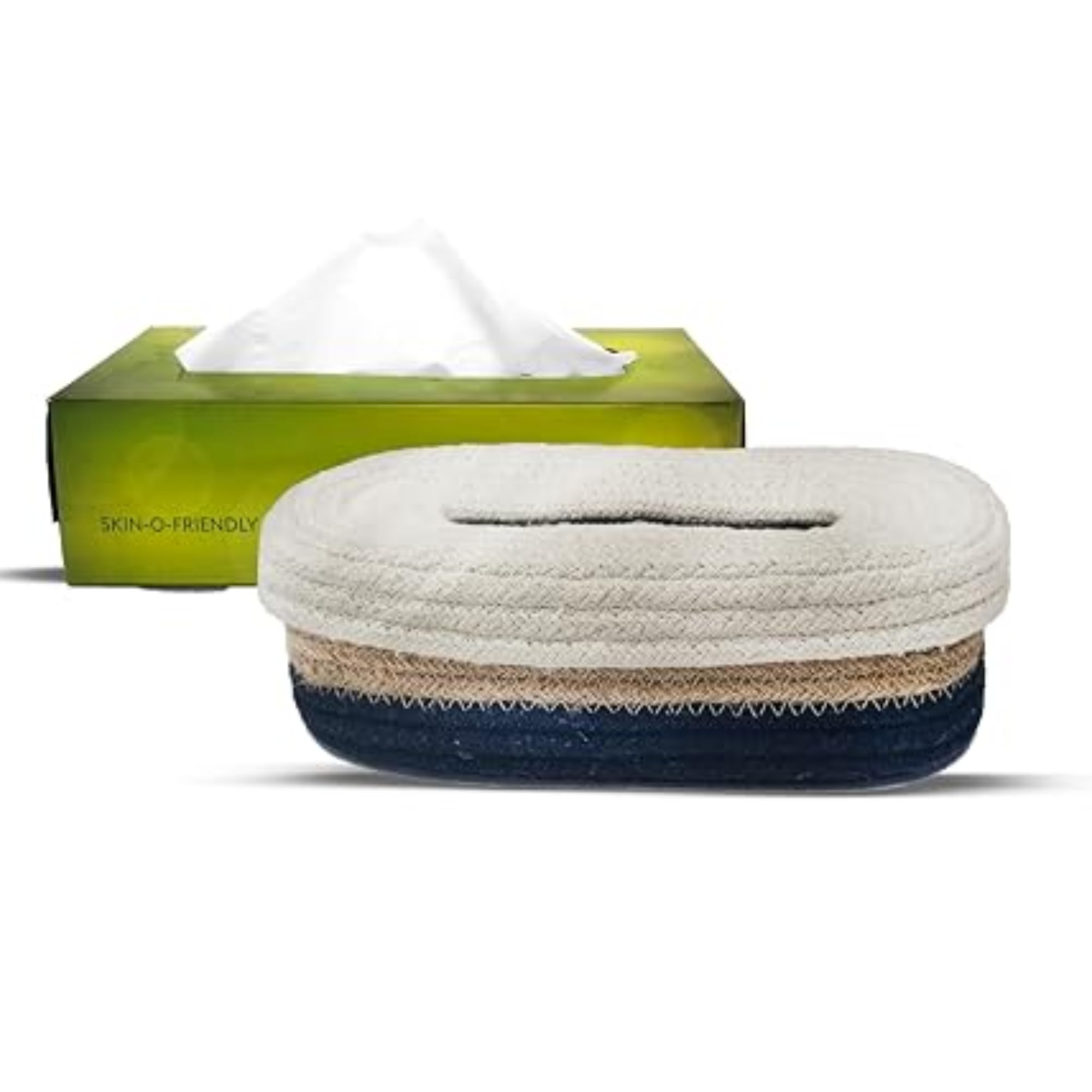 DENOVA Tissue Box Holder - Cotton Handcrafted Tissue Container for 100 Pulls Paper Towel Dispenser for Office Living,Bedroom,Car,Desk,Dining Table and Home Decor (Oval, Black & White)+Tissue Box
