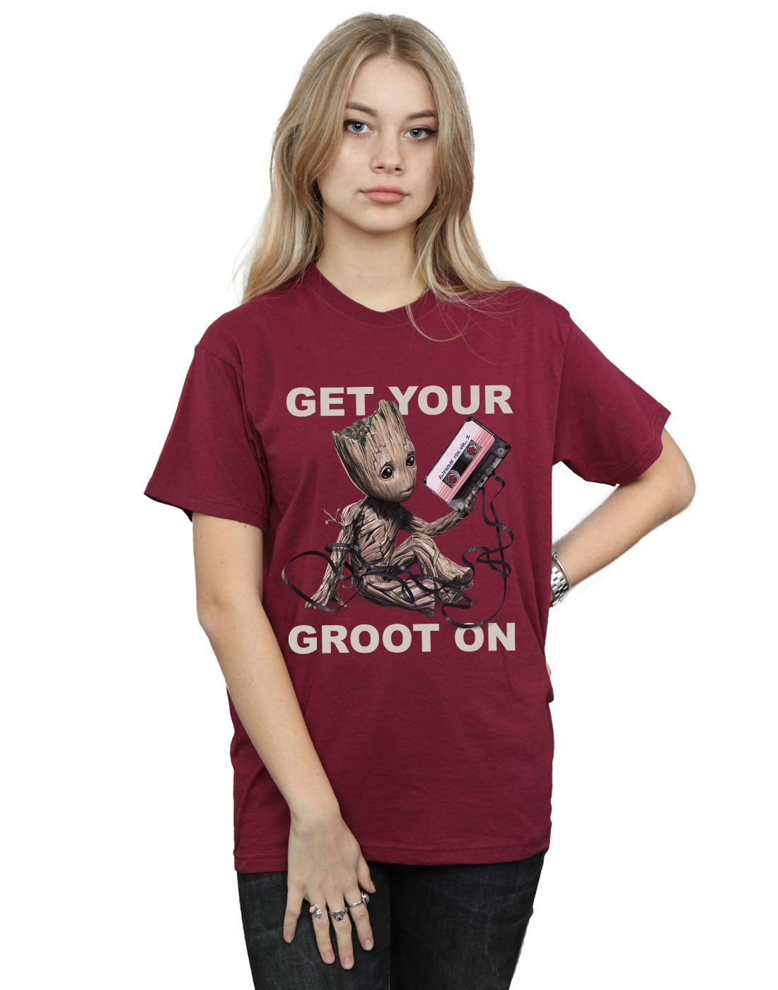 Absolute Cult Women's Burgundy Guardians Of The Galaxy Get Your Groot On Boyfriend Fit T-Shirt Medium