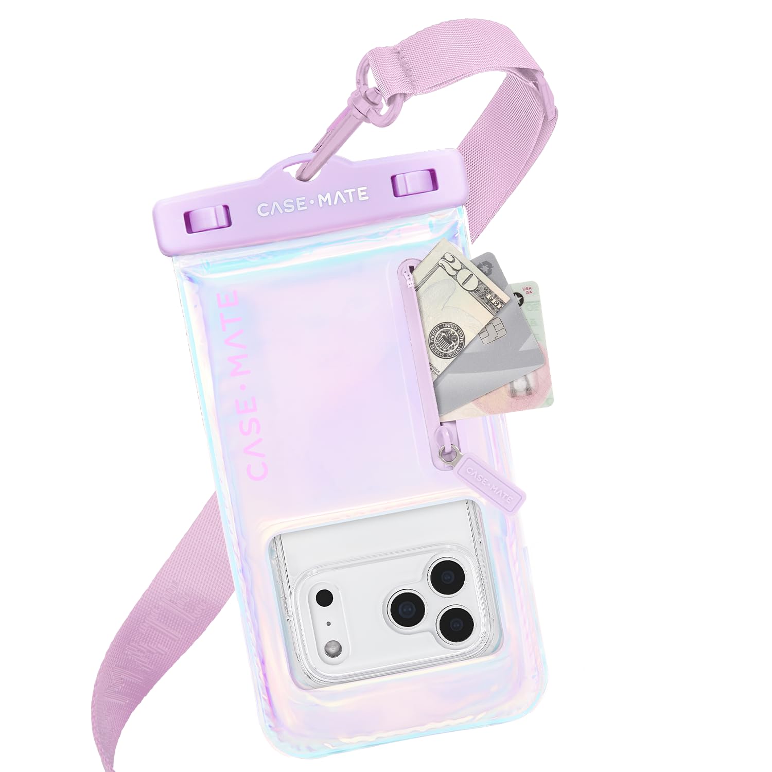 Case-Mate Soap Bubble IP68 Waterproof Large Phone Pouch - Iridescent | Zip Pocket for 3 Cards & Cash - Floating Phone Case w/Crossbody Lanyard -Fits
