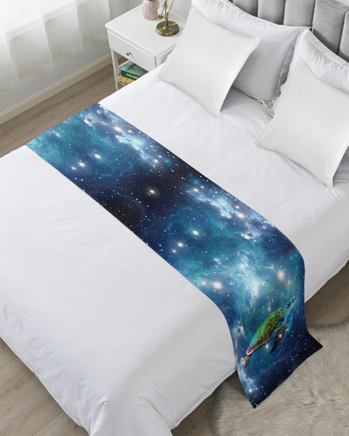 Bed Runner Scarf The Turtle That Traveled The Galaxy Fantasy Starry Sky Bedding Scarf Decorative Bed Runners Cover for Home Bedroom Hotel Wedding Room Bed Scarf for Foot of Bed King 102x20in