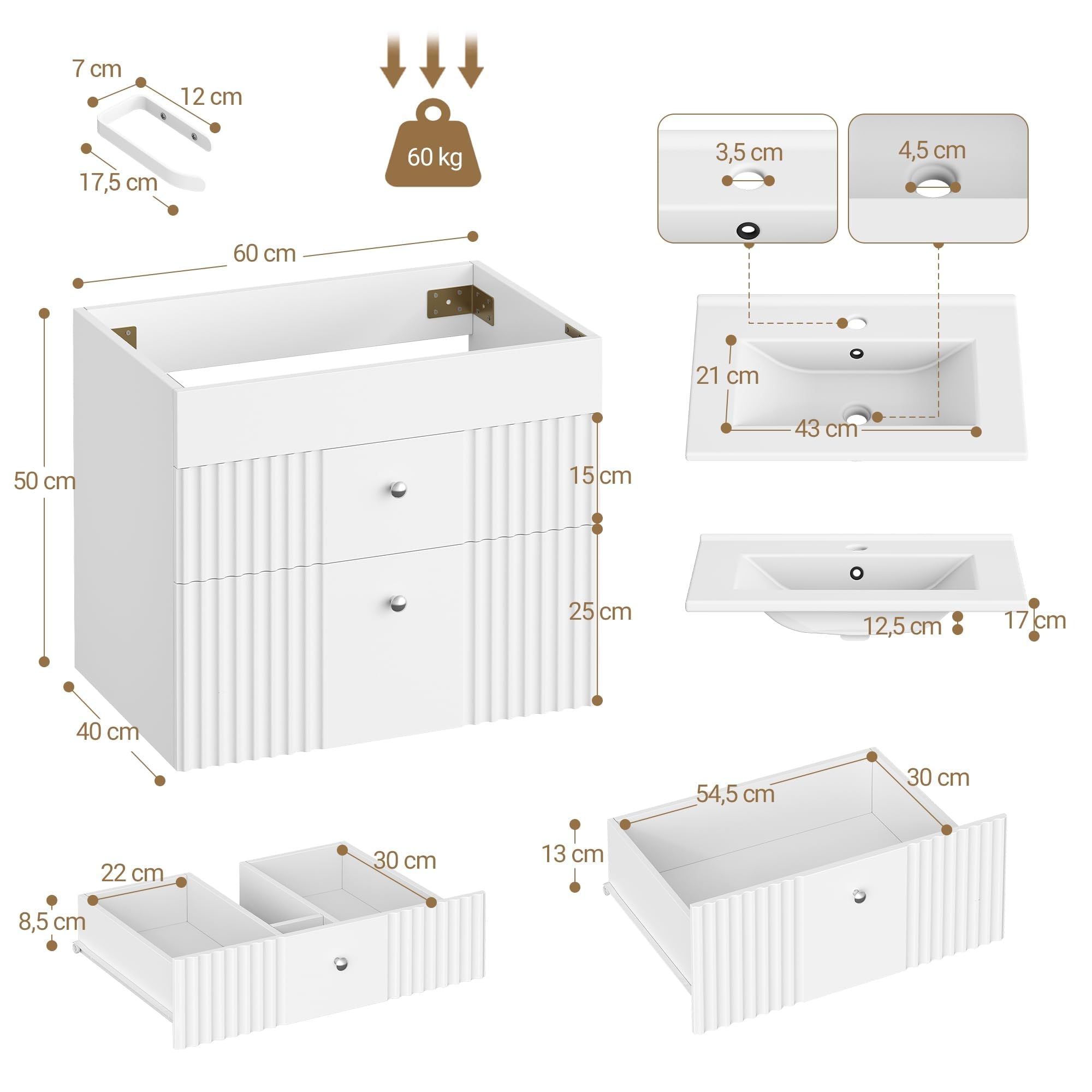 Hzuaneri Mobiletto da Bagno Sospeso a Parete, con Lavabo Integrato in Ceramica, 2 Cassetti, Portasciugamani, Mobile Bagno, Archiviazione ad Alta Capacità, 40 x 60 x 50 cm, Moderno, Bianco BC64103X