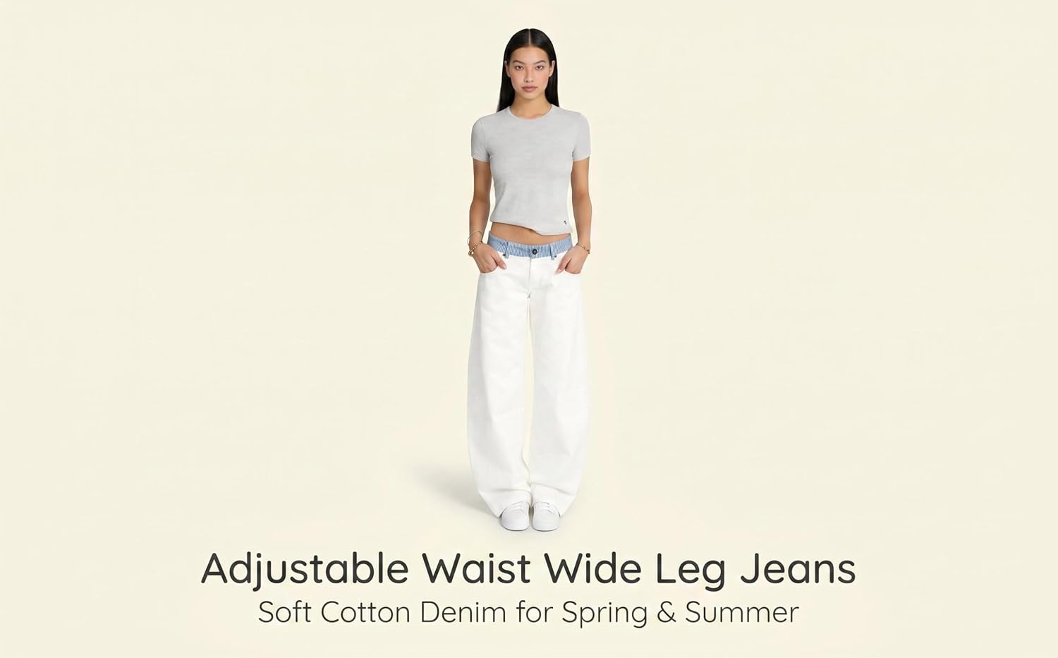 Women's Adjustable Waist Wide Leg Jeans Casual Mid High Waisted Baggy Straight Leg Denim Pants