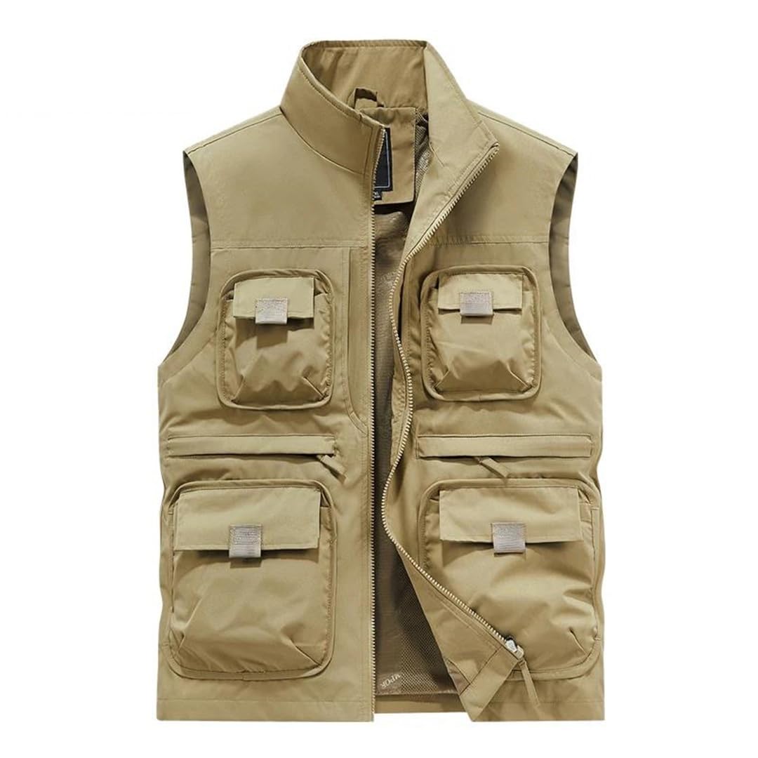 Gilet da uomo senza maniche per il tempo libero all'aperto con colletto in piedi molte tasche tinta unita sottile gilet
