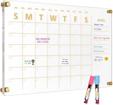 Large Acrylic Calendar for Wall, 24" X 16" Golden | Acrylic Wall Calendar, Clear Wet & Dry Erase Calendar Hanging Frameless Monthly Planner for Office, Home or School, 2 Markers