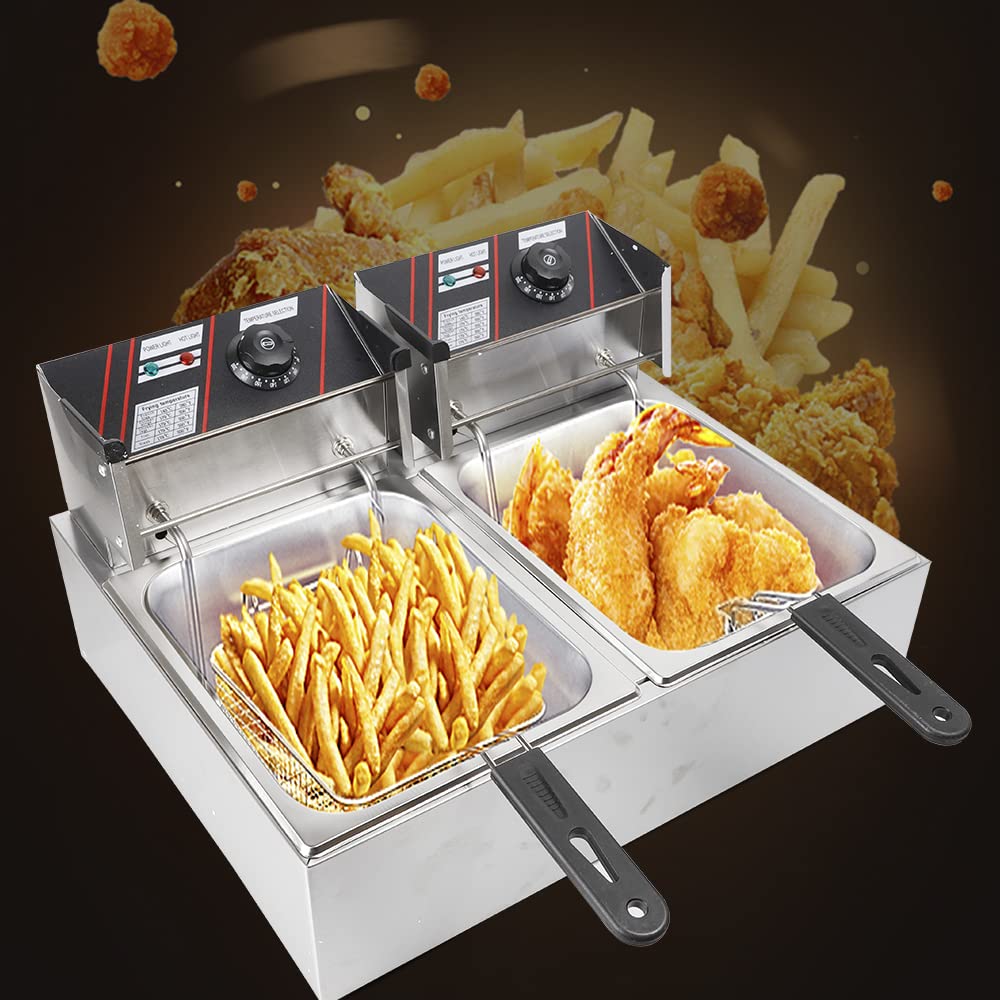 Friteuse Electrique Professionnelle 11 Litres, Friteuse Électrique à Double Réservoir avec Panier à Friture, Couvercle, Chauffage Rapide à des fins commerciales