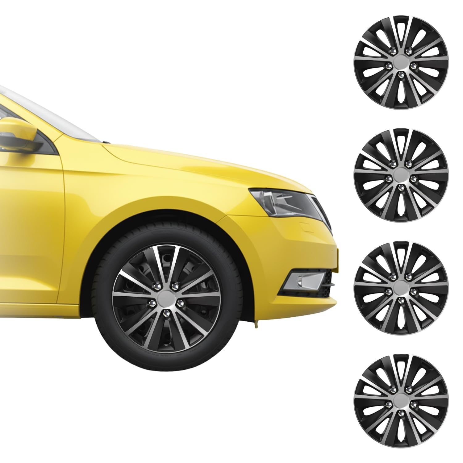 Car Wheel Trims | Set of 4 Hub Caps Universal Fit Cover Protectors (Rapide, Black & Silver, 14 Inch)