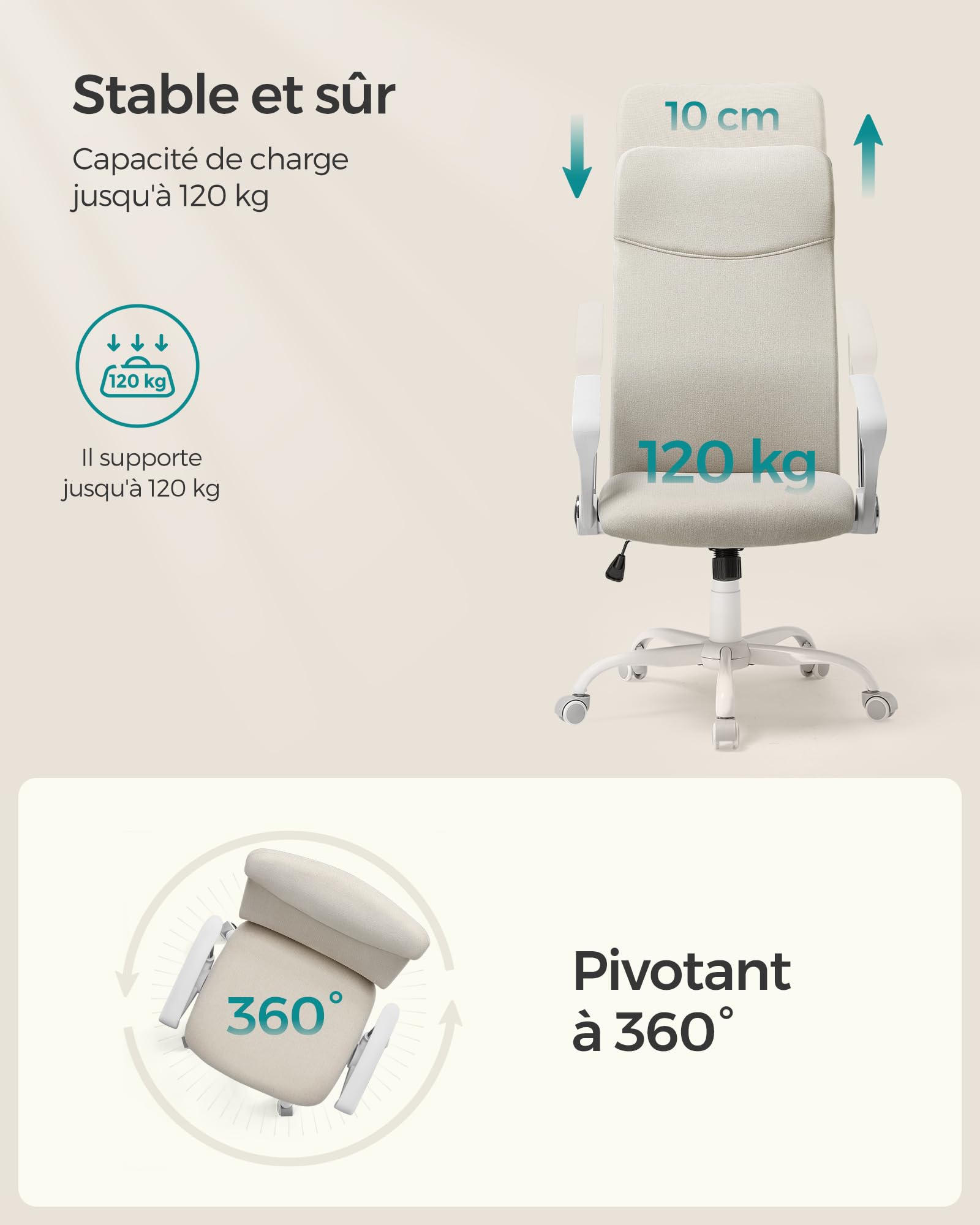 SONGMICS Fauteuil de Bureau, Chaise Ergonomique, Siège Pivotant, Assise Rembourrée, Réglable en Hauteur et Inclinable, Capacité de Charge 120 kg, Beige Cappuccino OBN034K01