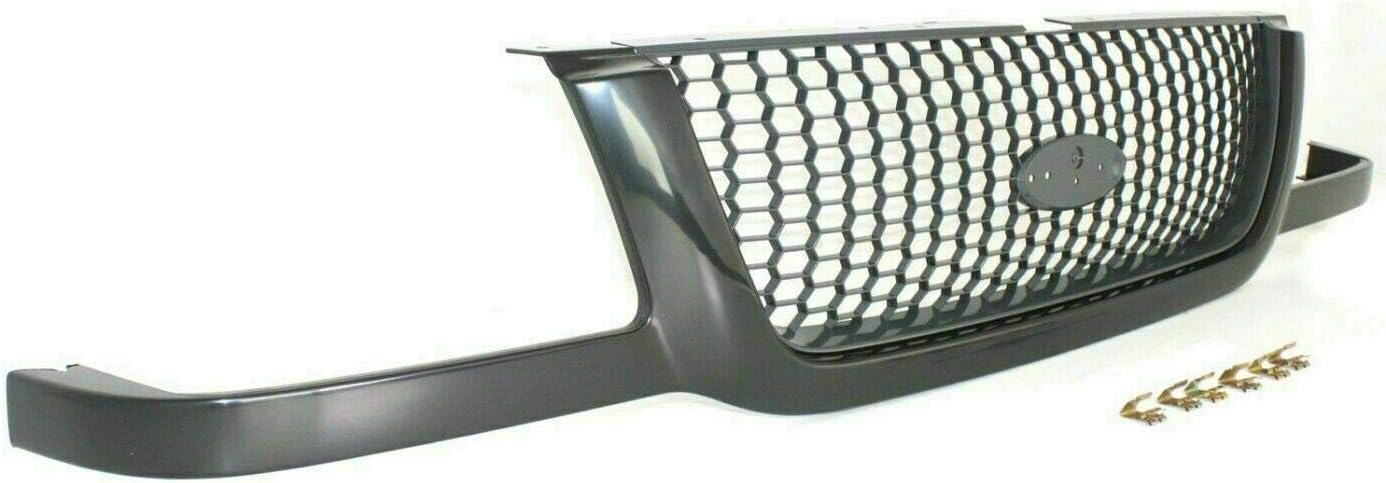 Grille Assembly Paintable Shell & Dark Gray Insert + Header Panel For 2001-2003 Ford Ranger Direct Replacement