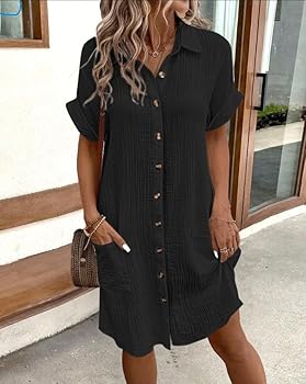 Amazon.com: Vestido camisero de lino con botones para mujer, de algodón,  manga corta, con bolsillos, blusa, Black01 : Ropa, Zapatos y Joyería