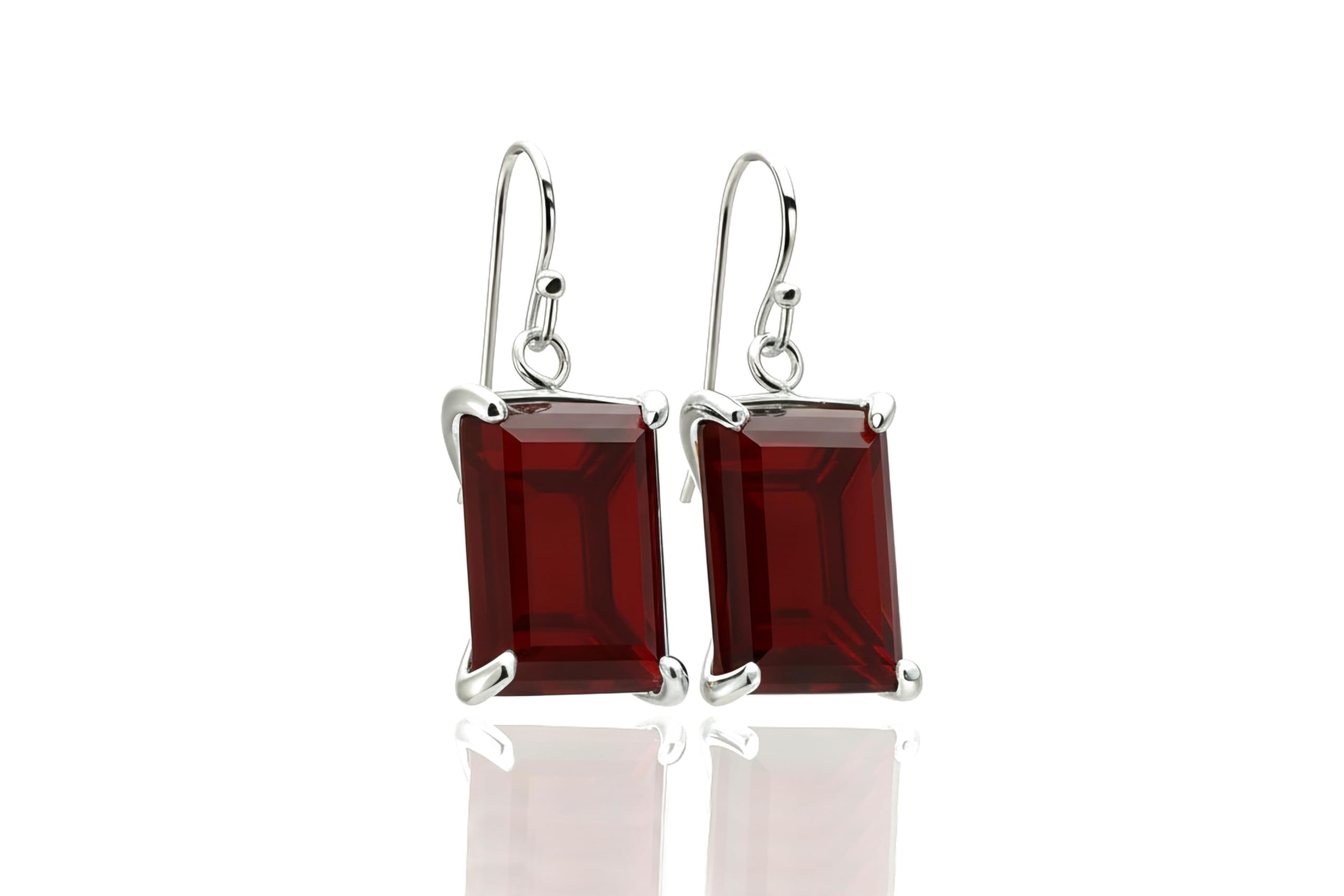 Pendientes Rectangulares de Granate de Plata 925 - Pendientes con Piedra de Nacimiento de Enero con Acabado Paladio - Joyas de Piedras Semipreciosas Hechas a Mano
