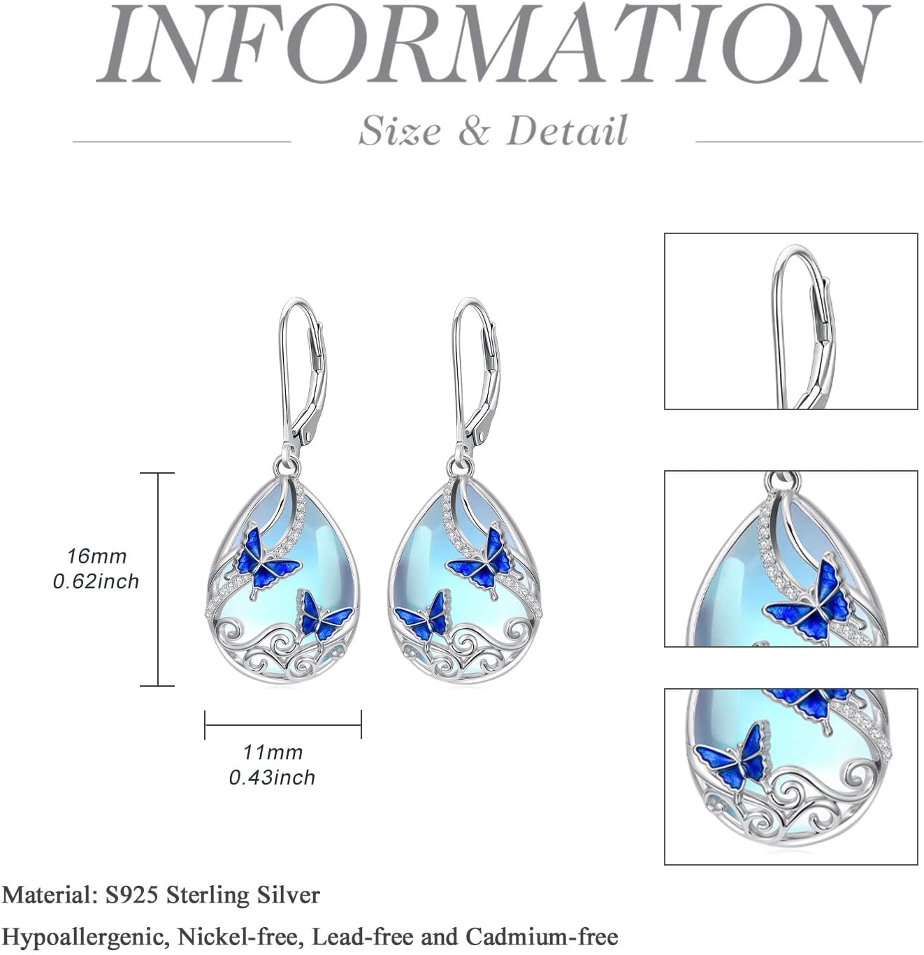 Teardrop Butterfly/Dragonfly/Bee Dangle Earrings for Women 925 Sterling Silver Moonstone Turquoise Earrings Animal Jewelry Valentines Day Mothers Day Gifts for Women - Image 2