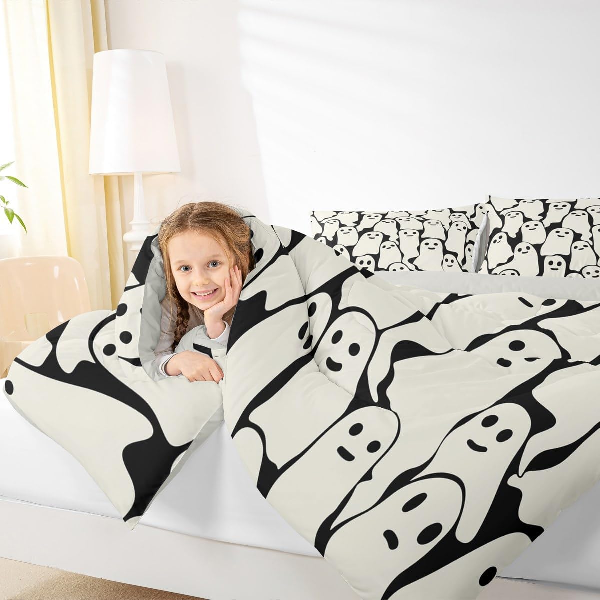 Kids Skull Ghost Bedding Set Toddler Size Happy Halloween Duvet Quilt for Boys Girls Teens Bedroom Decor Horror Theme Comforter Set Breathable Soft Microfiber Women Men Witchcraft With 1 Pillow Case