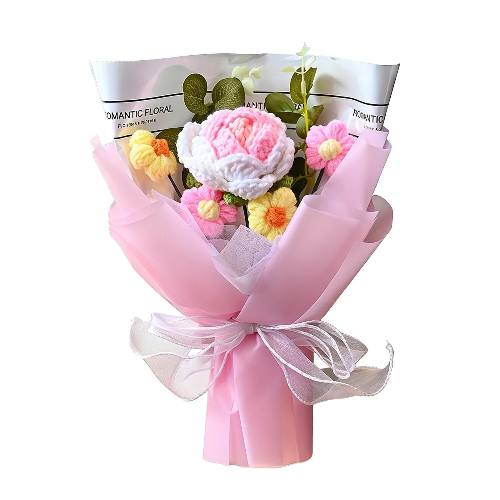 Crochet Flowers Bouquet, 20 x 30cm Handmade Knitted Pink Rose Artificial